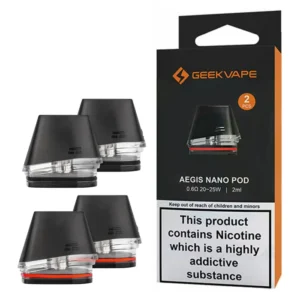 GEEKVAPE AEGIS NANO REPLACEMENT PODS The Aegis Nano Replacement Pod with an integrated style mouthpiece also has a very sporty shape. Therefore that together with the battery pack can form a perfect overall appearance. Above all the magnetic pod can be firmly fixed on the Nano Mod and can be easily removed again. Meanwhile just press the marked side with your thumb and push it up from the Mod. Geekvape Aegis Nano Replacement Pod adopts a leak-proof design with a capacity of 2ml, top filling port. Meanwhile Pinch the cap, pull it apart, open the lid and fill in your vape. Therefore an easy way to fuel up your day. Similarly There are two types of Aegis Nano Pod: 0.6 Ohm Pod and 1.2 Ohm Pod, which can provide a pleasant MTL and RDL vaping experience. For the RDL vaping in the power range of 20W to 25W, you can choose a 0.6 Ohm pod, for the power of 11W to 14W, Geekvape Aegis Nano delivers an immersive flavor for a vape of its size. There is a sliding switch on the side of the mod to adjust the airflow. A precise airflow control that allows flavor amazing at each level. FEATURES: For Aegis Nano Pod System 2 ml Refillable Pod Convenient Top Filling 0.6 Ohm Integrated Coil (20W – 25W) 1.2 Ohm Integrated Coil (11W – 14W) Built-In Coils Food Grade PCTG Construction Visible E-liquid Window Magnetic Pod Connection MTL / RDTL Vaping